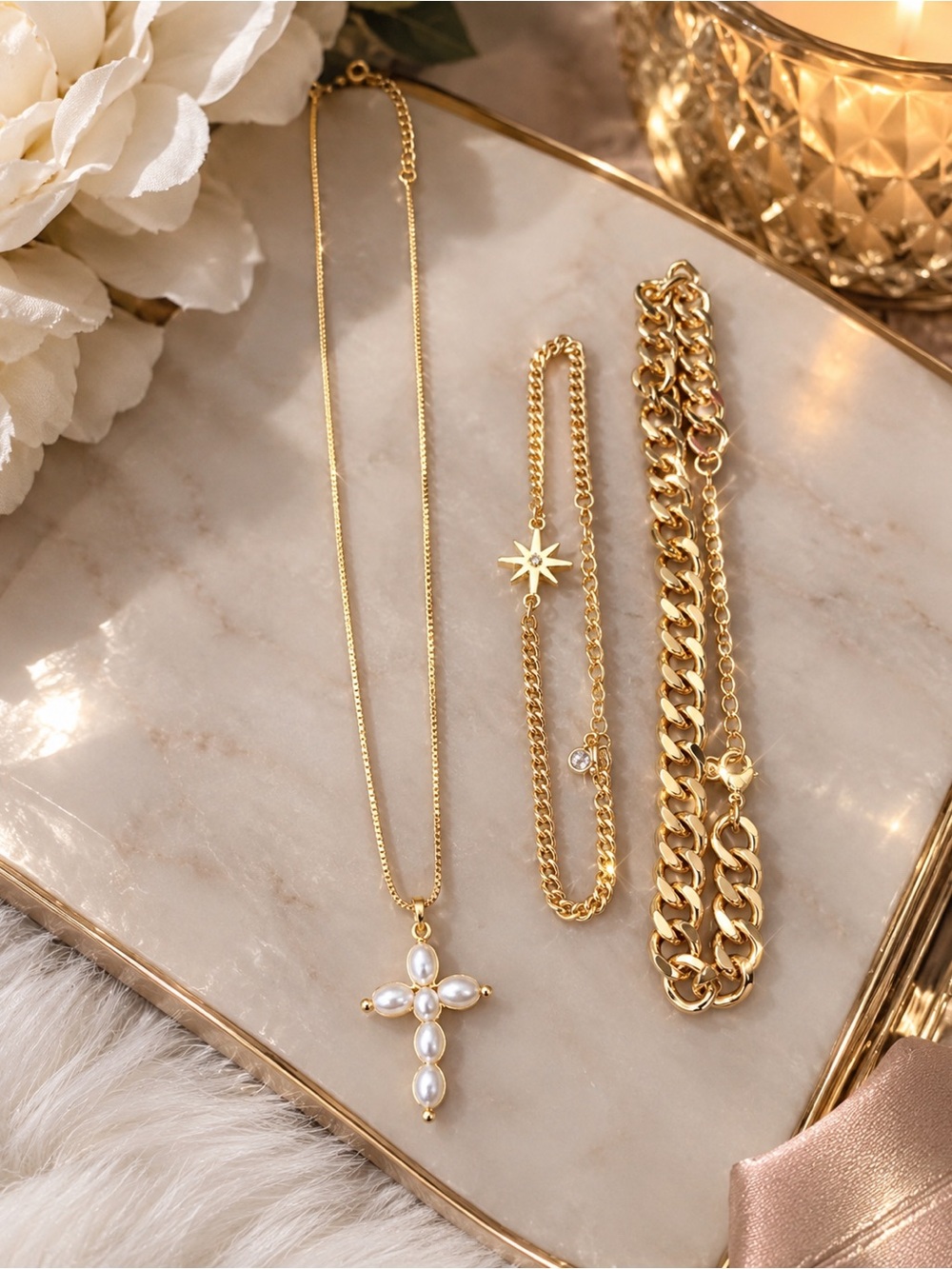 Gold Pearl Cross Necklace by